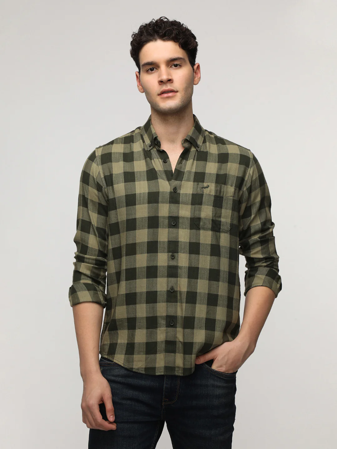 Green Viscose Blend Checks Shirt