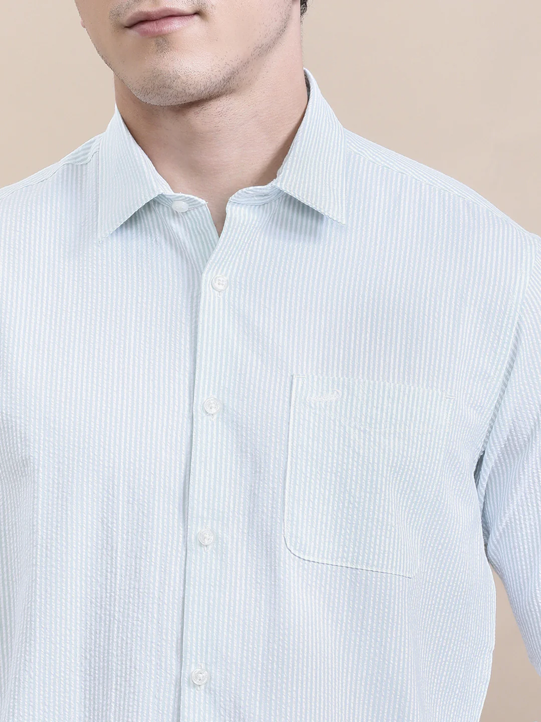 Crinkle Textured Pin Stripe Green Shirt