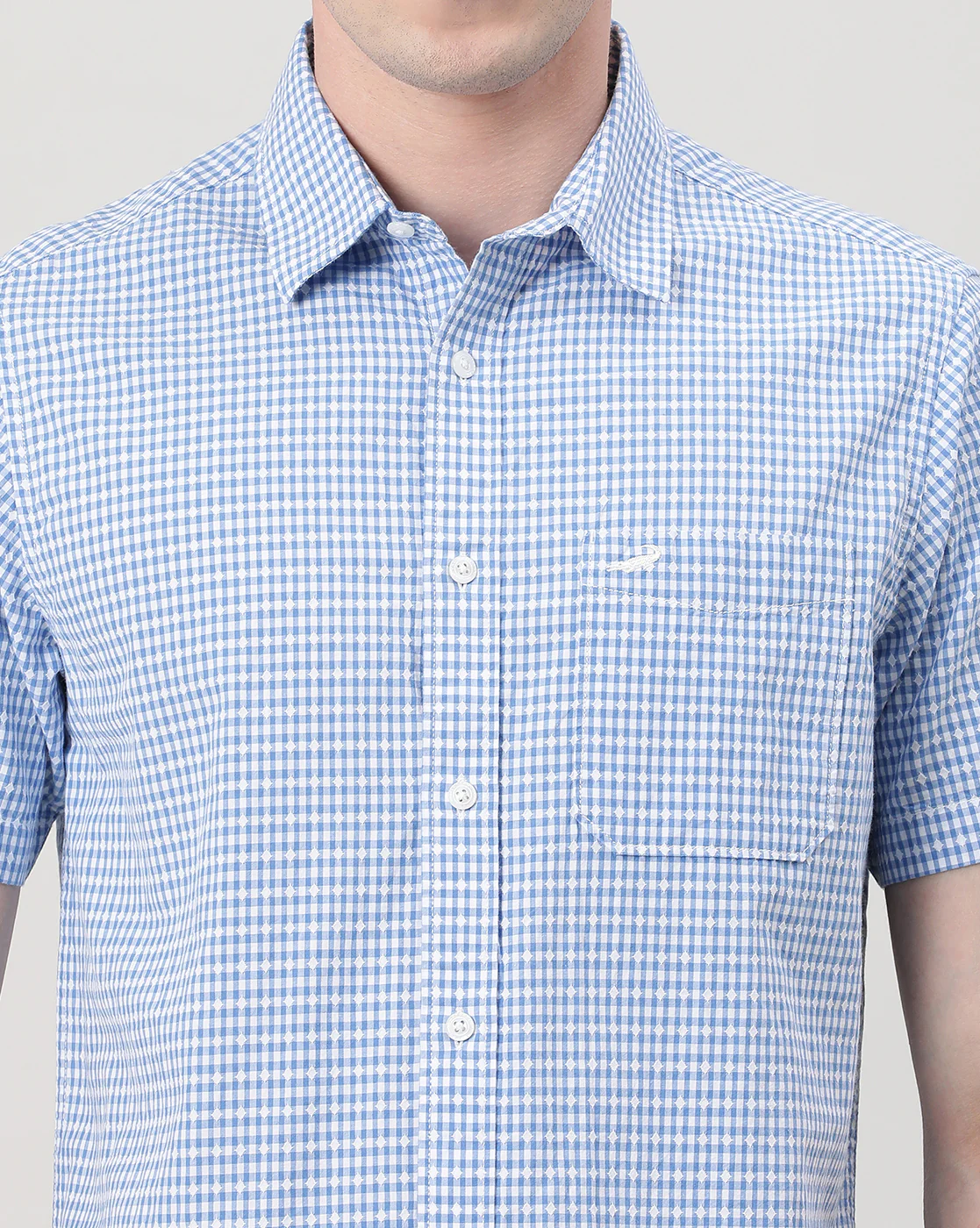 Light Blue Checked Half Sleeve 100% Cotton Shirt
