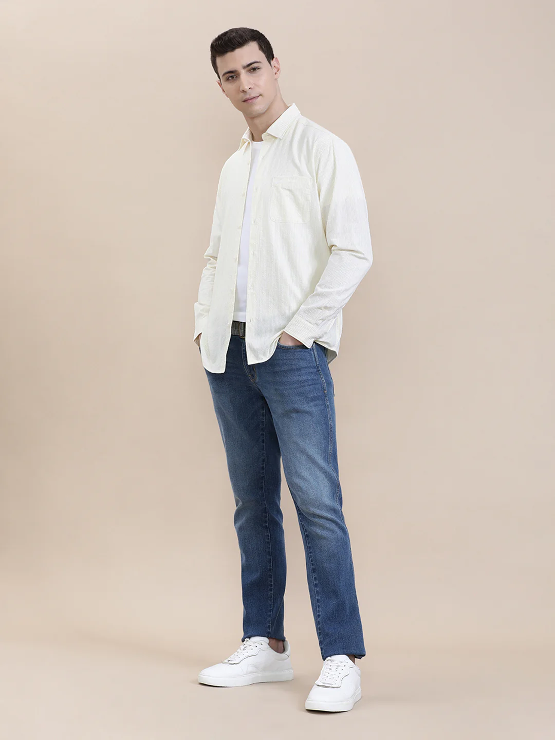 Crinkle Textured Pin Stripe Yellow Shirt