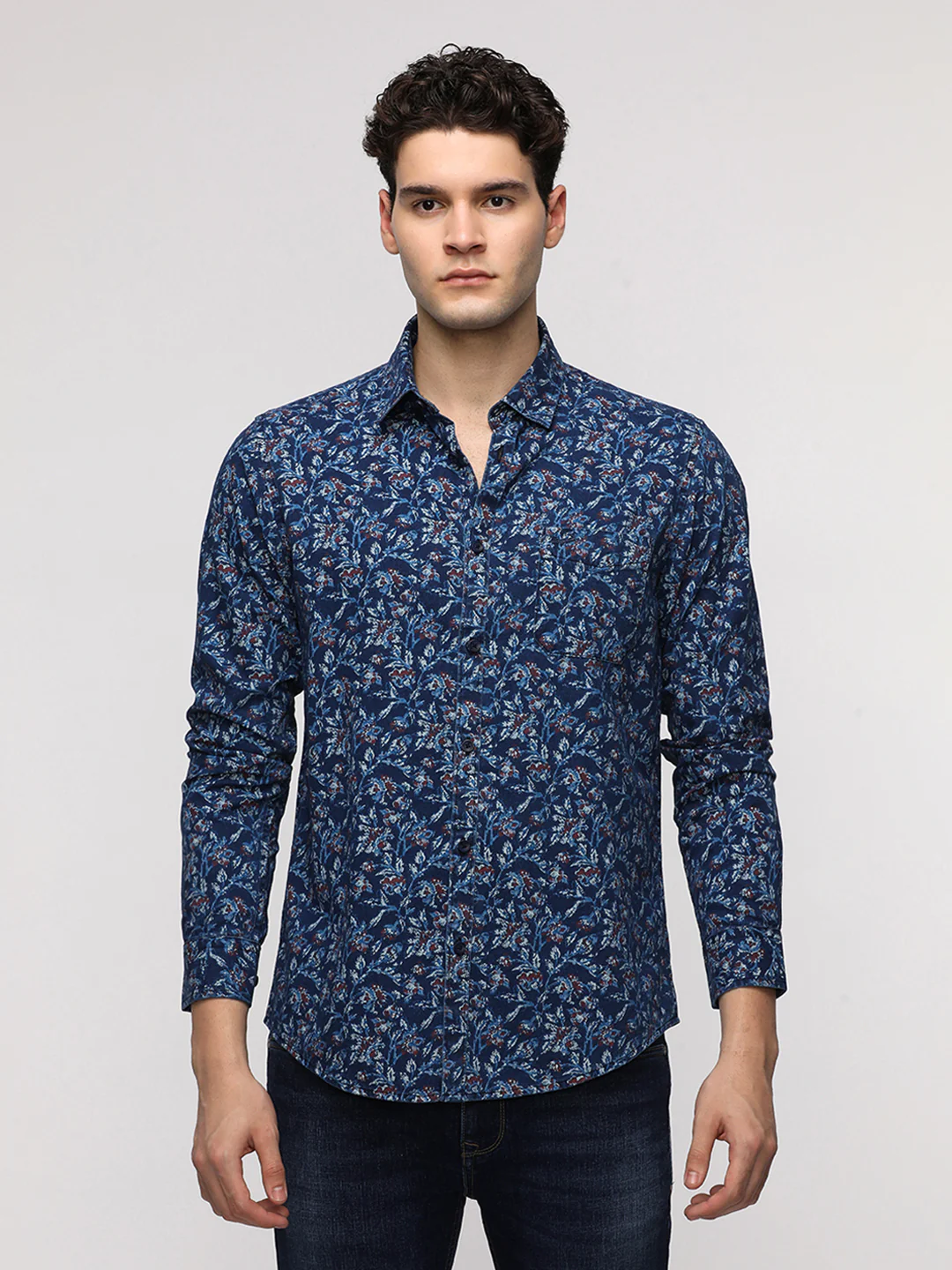 Blue Floral Printed Denim Shirt