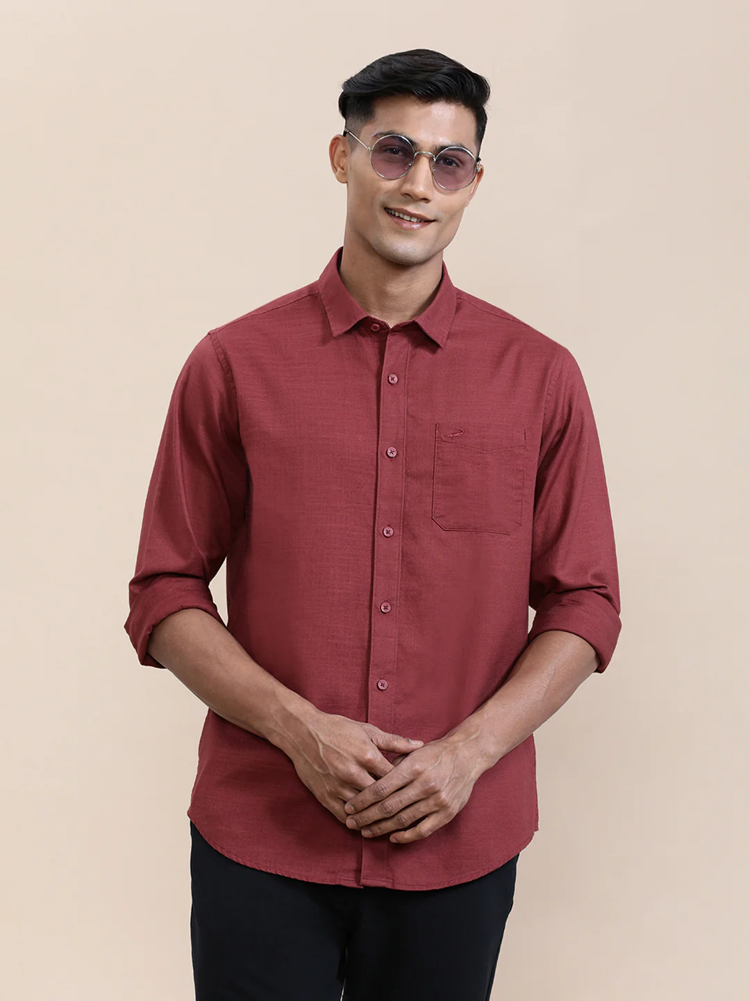 Pure Cotton Textured Full Sleeve Shirt Red