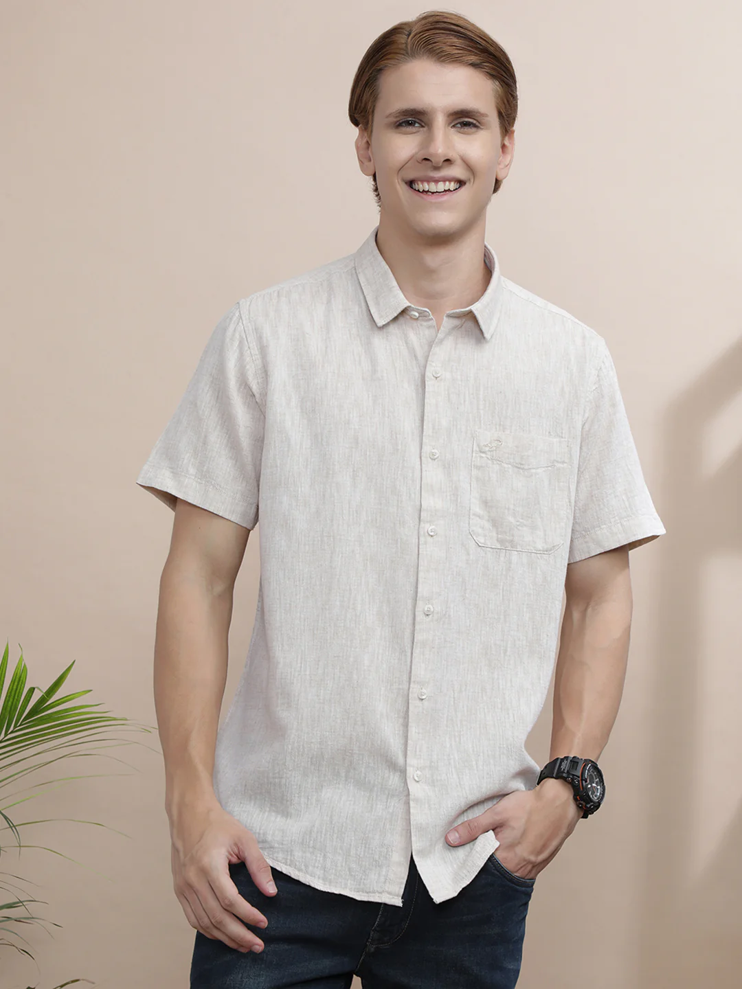 Solid Beige Half Sleeve Casual Shirt