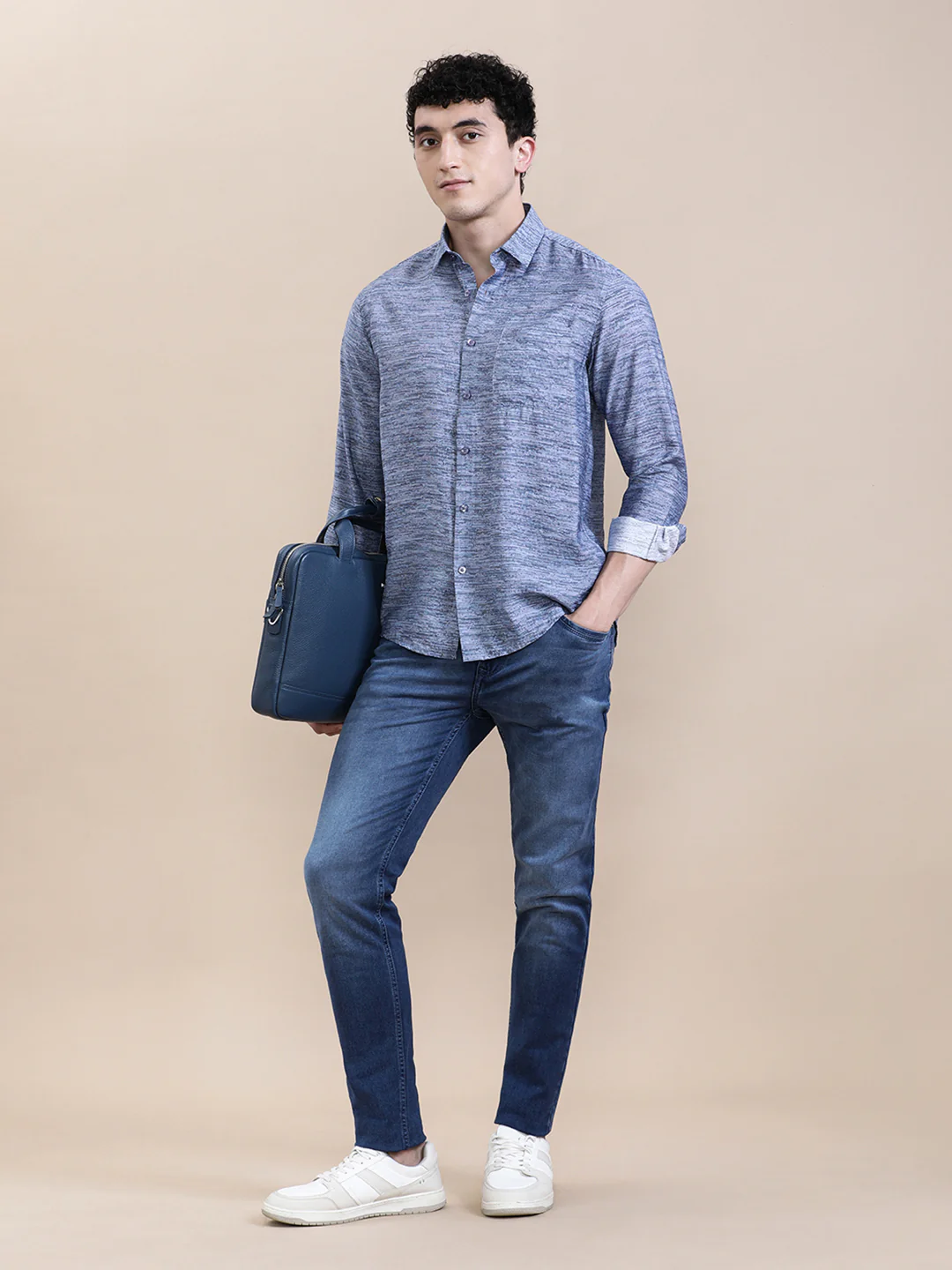 Blue Printed Crinkled Effect Fluid Shirt