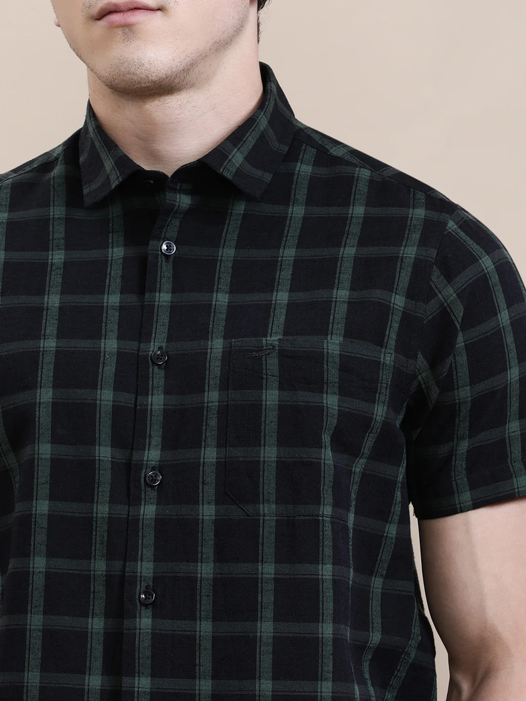 Linen Blend Black Checked Half Sleeve Shirt