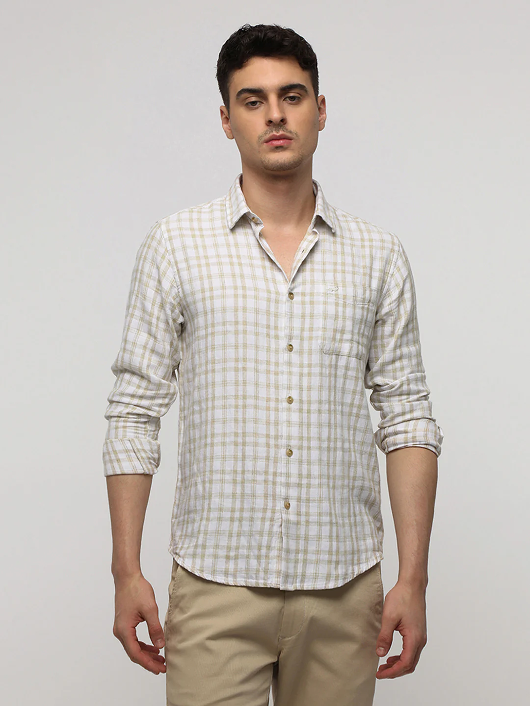 Comfort Fit White Checkered Natural Plaid Linen Blend Shirt