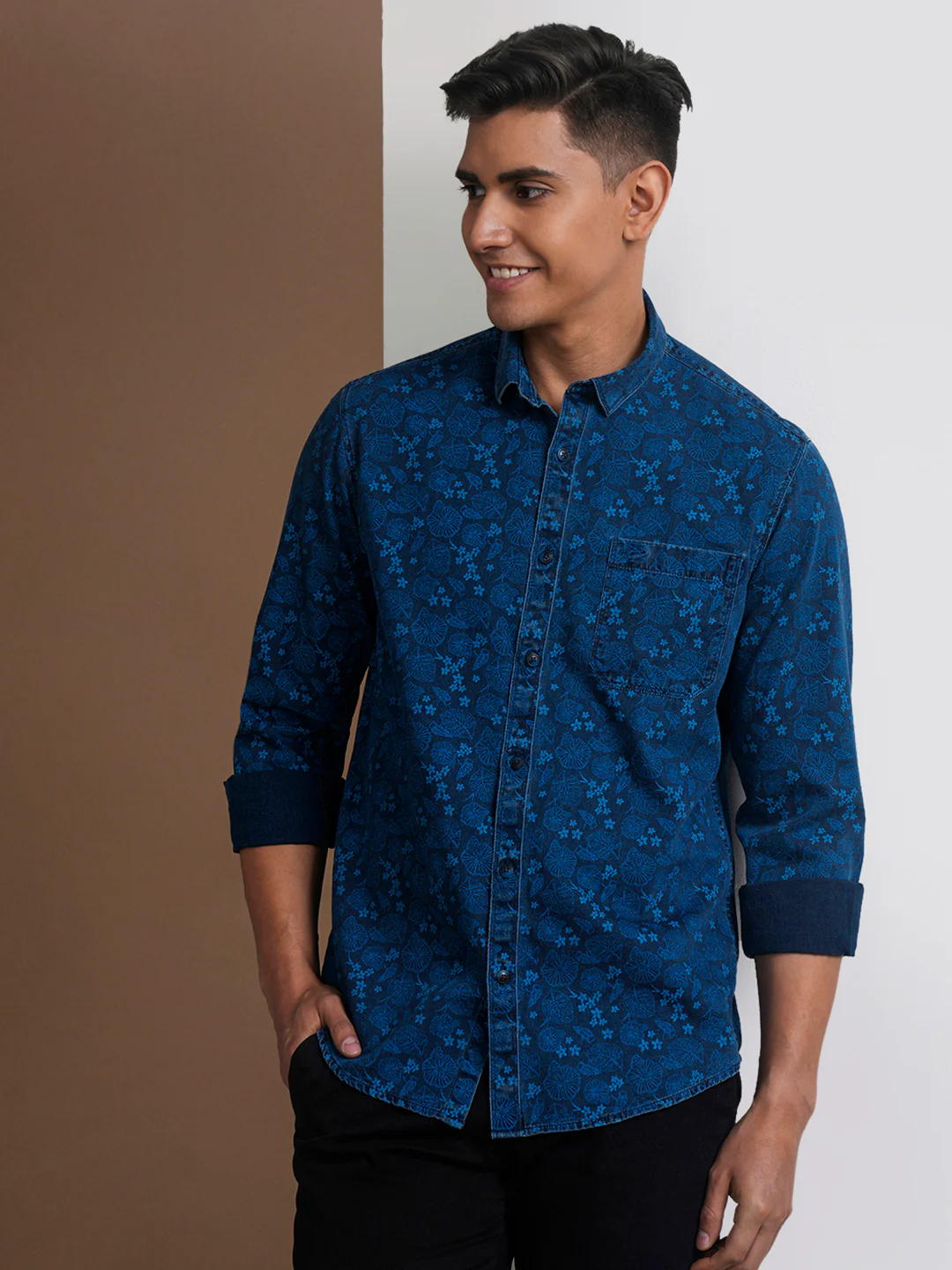 Washed Indigo Botanical Print Casual Shirt