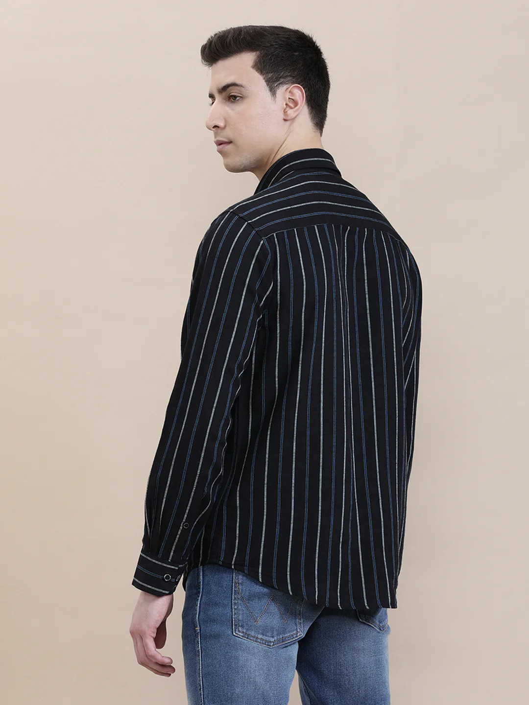 Linen Blend Striped Full Sleeve Shirt Black