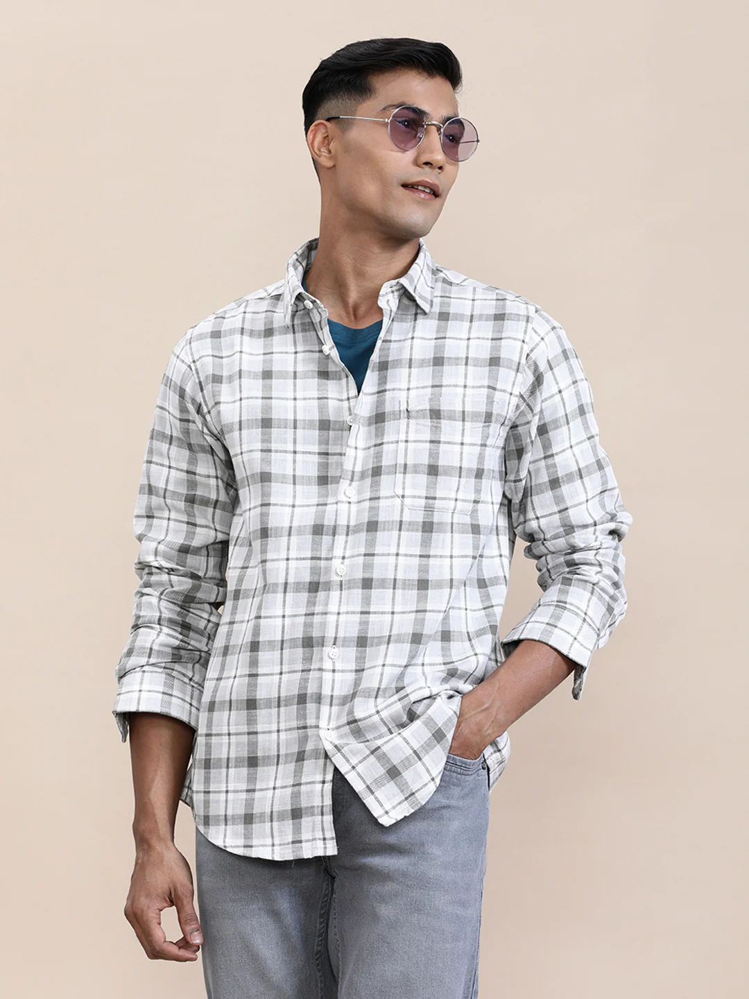 Textured Check Full Sleeve Shirt Grey