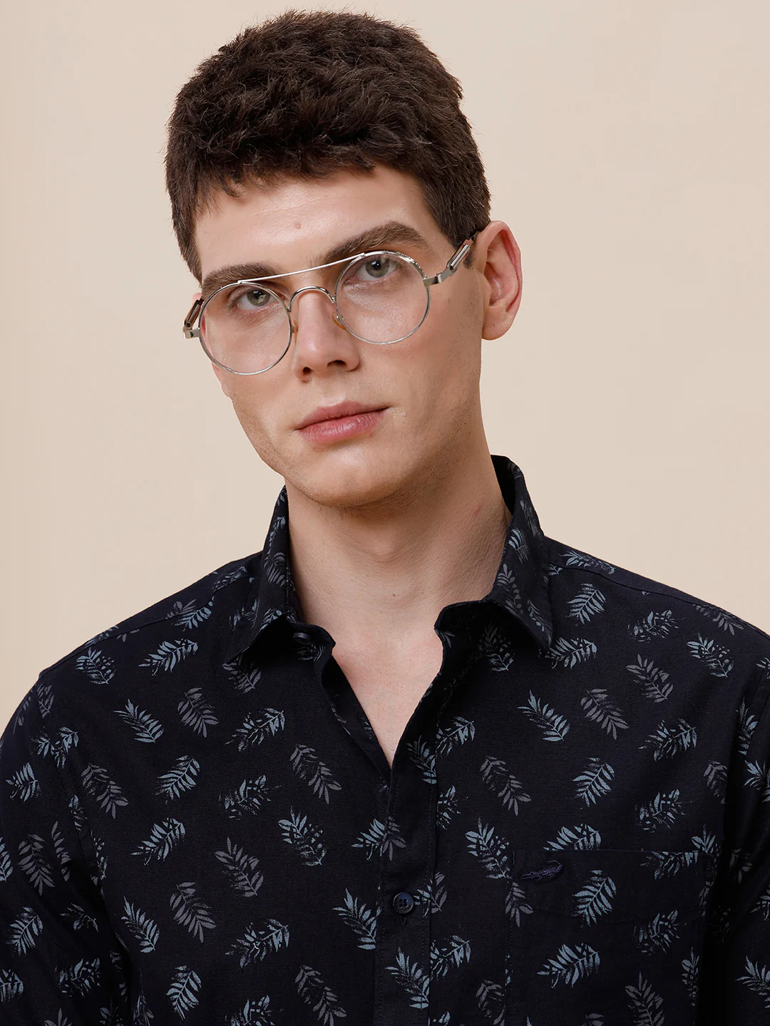 Cotton Linen Textured Printed Navy Shirt