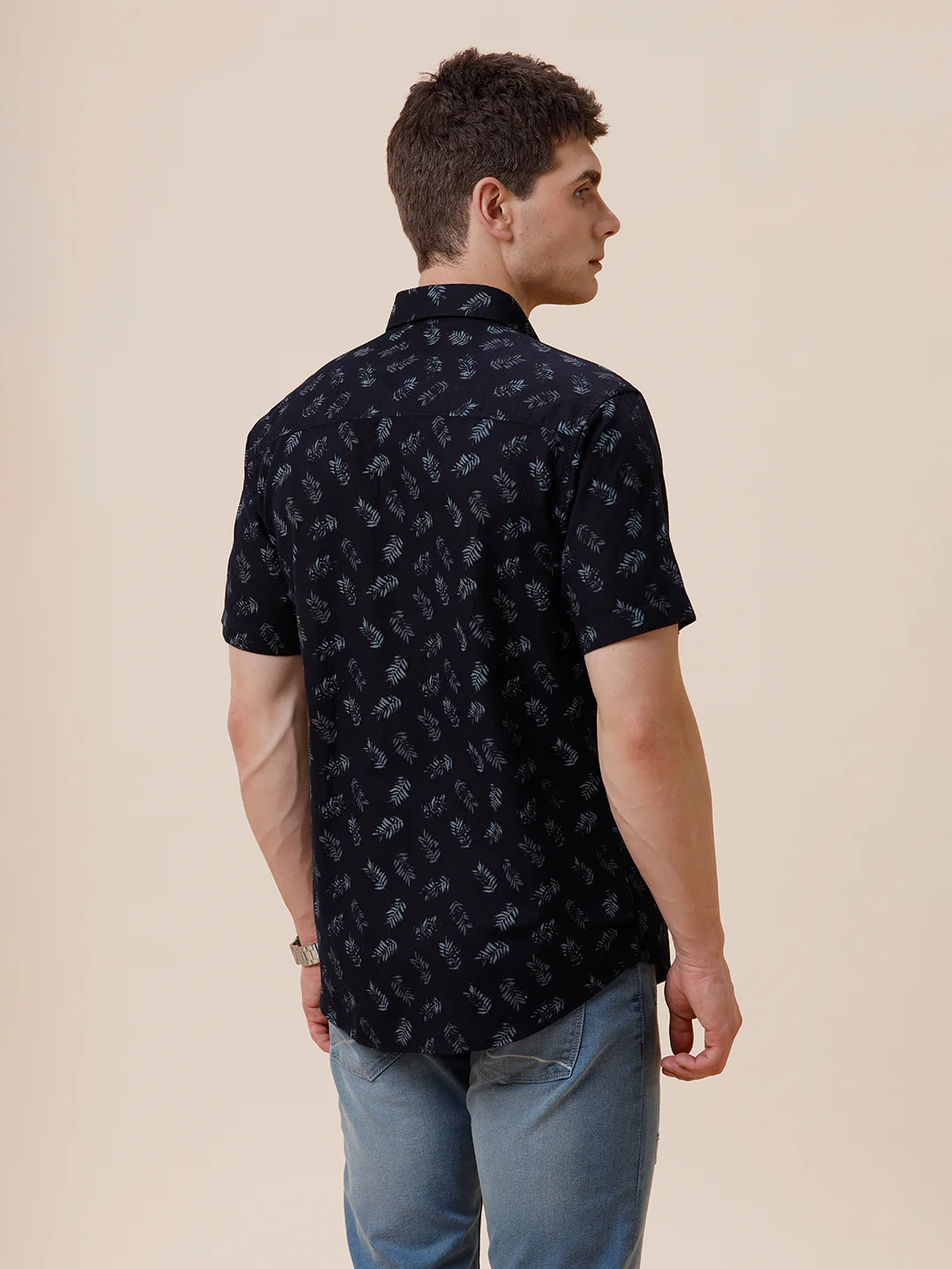 Cotton Linen Textured Printed Navy Shirt