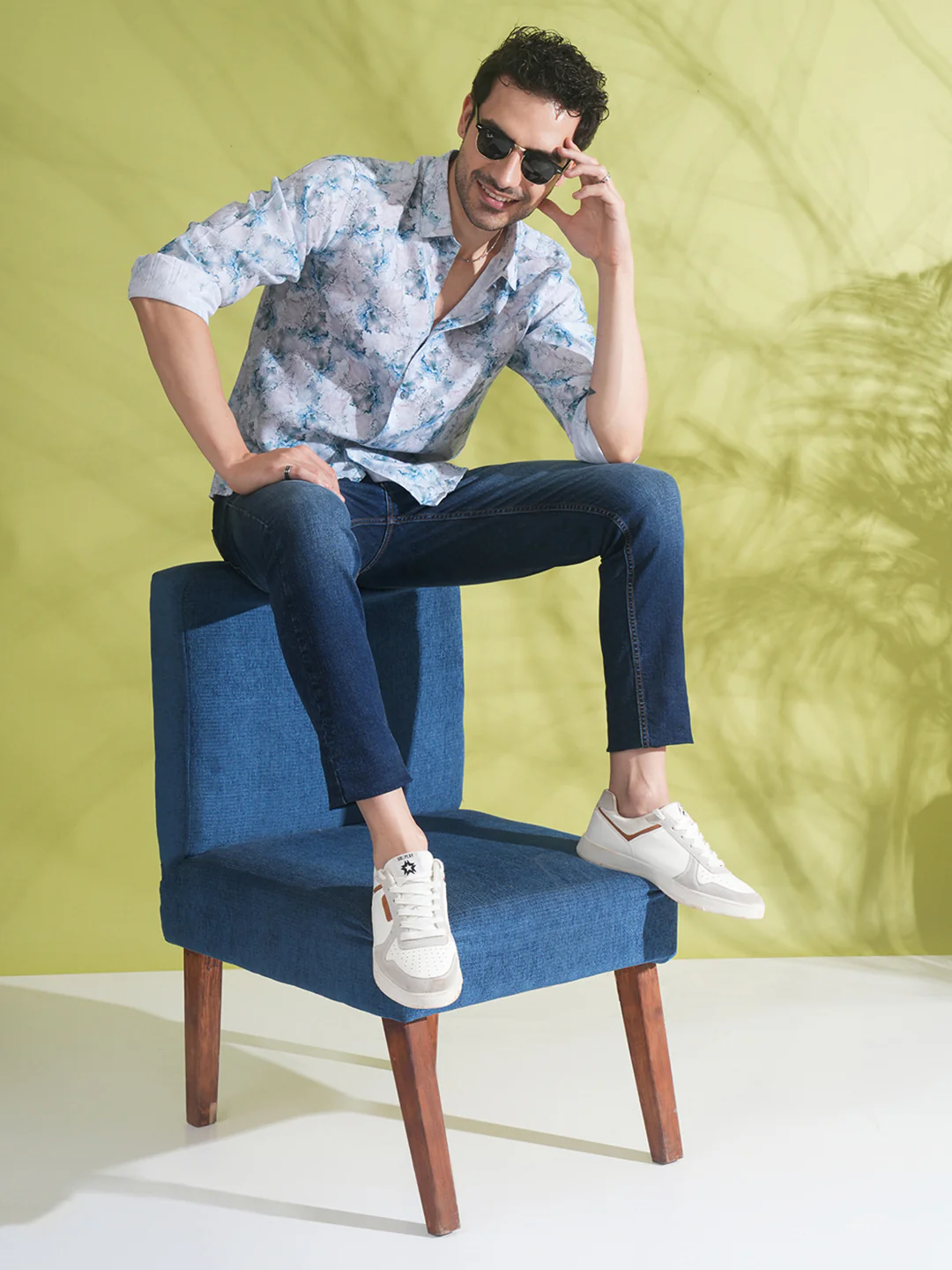 Linen Blend Abstract Dry Leaf Print Shirt Grey