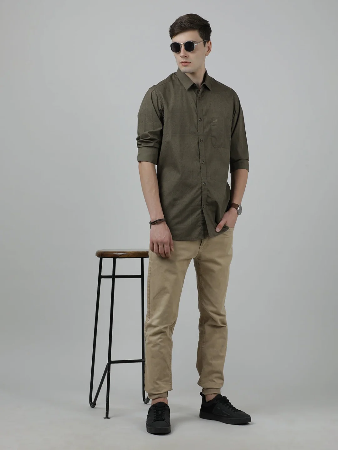 Olive Green Printed Casual Full Sleeve 100% Cotton Shirt