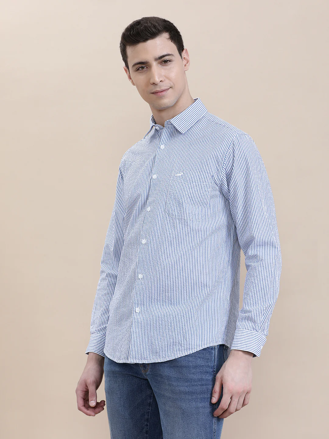 Cotton Seersucker Striped Full Sleeve Shirt Blue