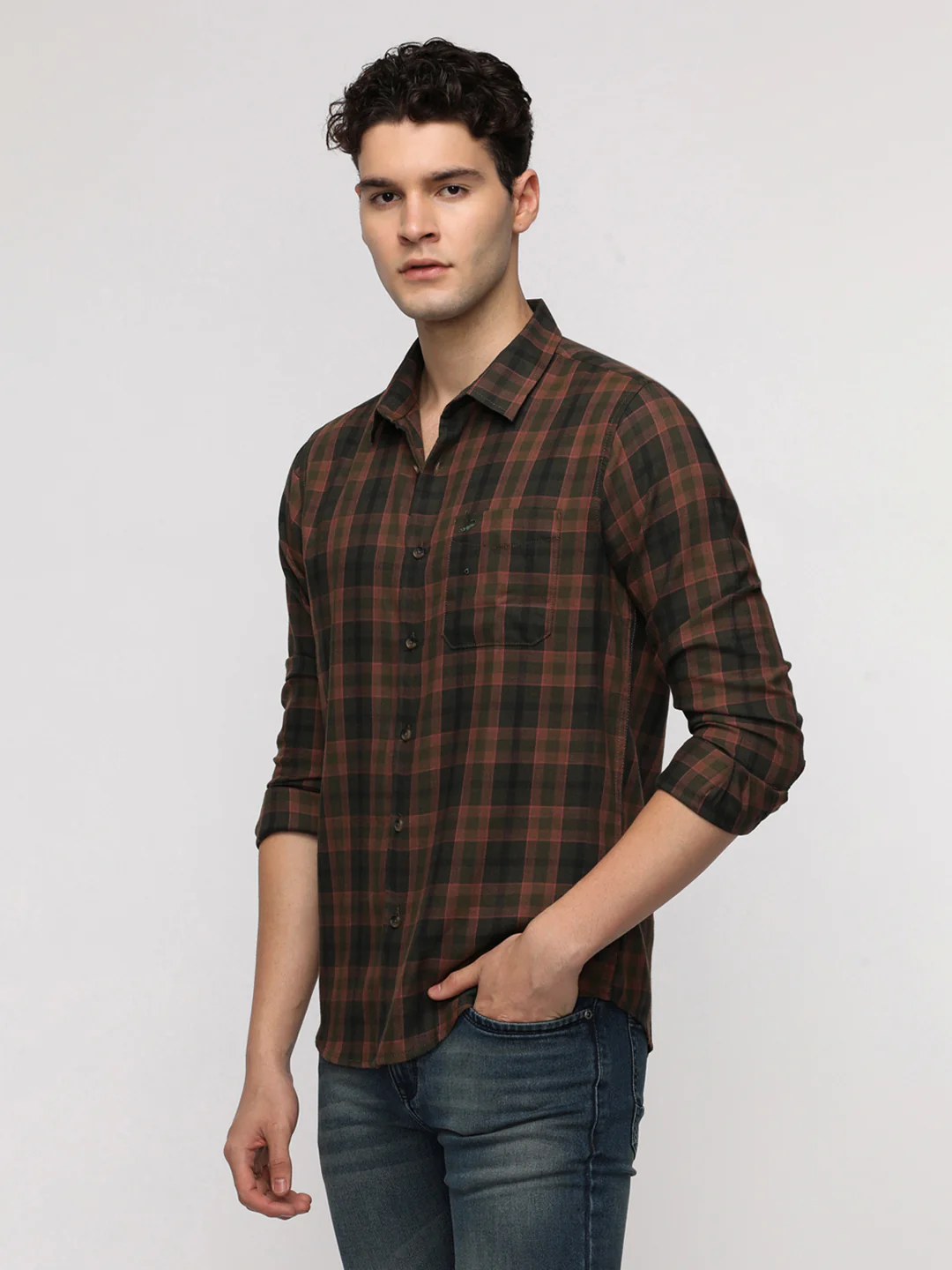 Olive Cotton Blend Checked Shirt