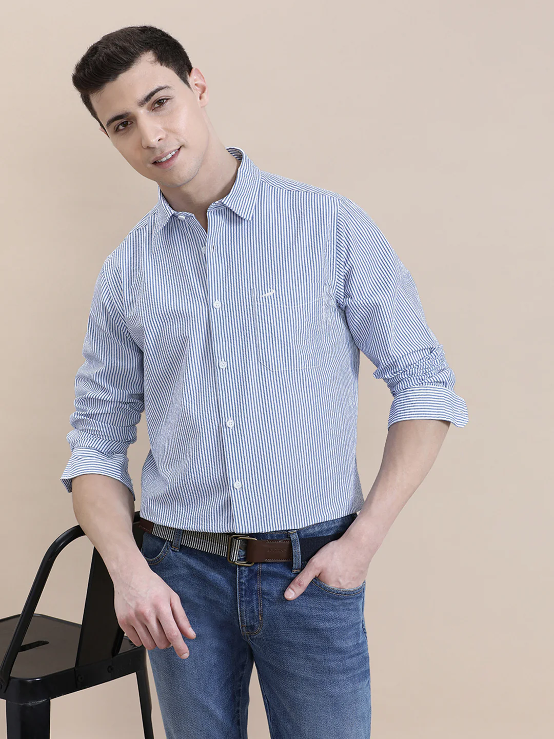 Cotton Seersucker Striped Full Sleeve Shirt Blue