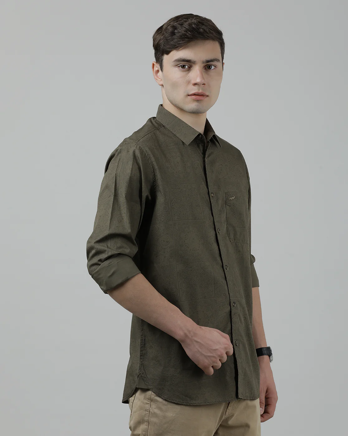 Olive Green Printed Casual Full Sleeve 100% Cotton Shirt