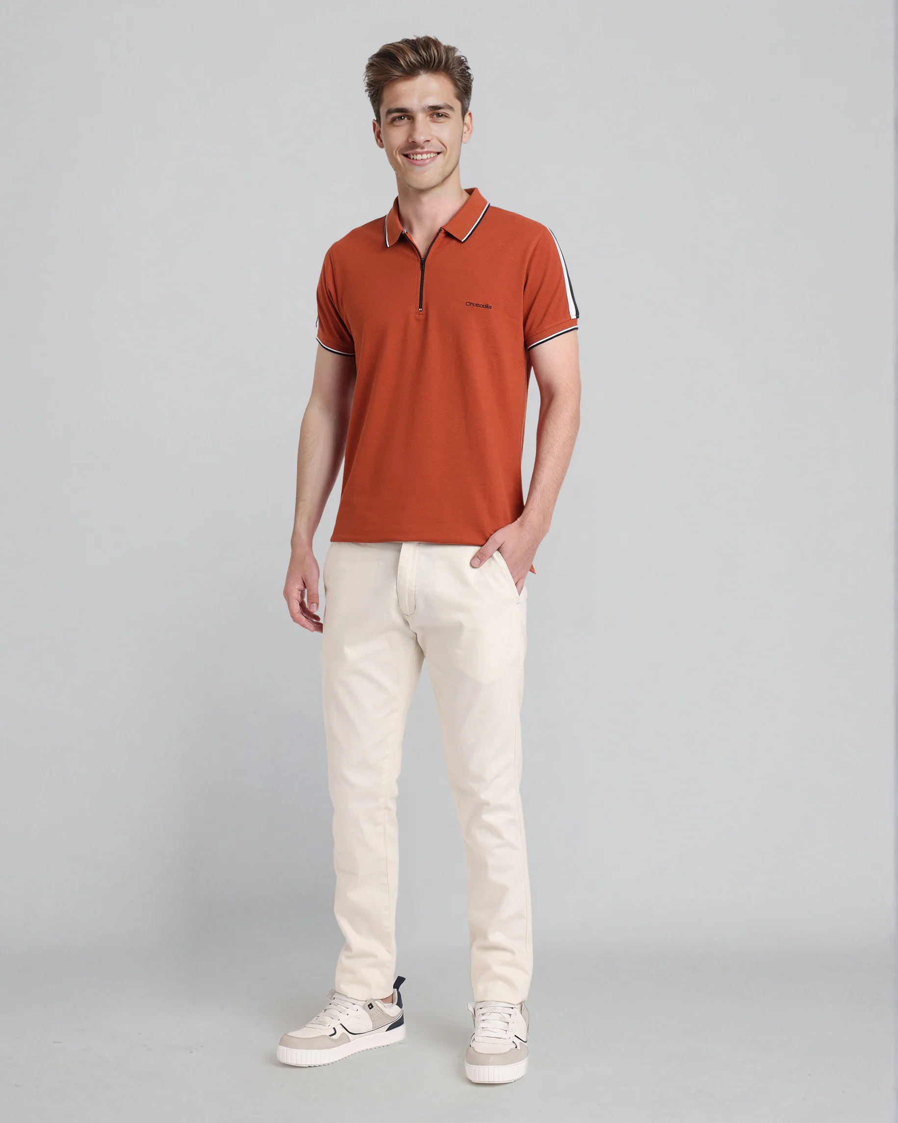 Trendy Stretch Zipper Polo with Tape in Brown
