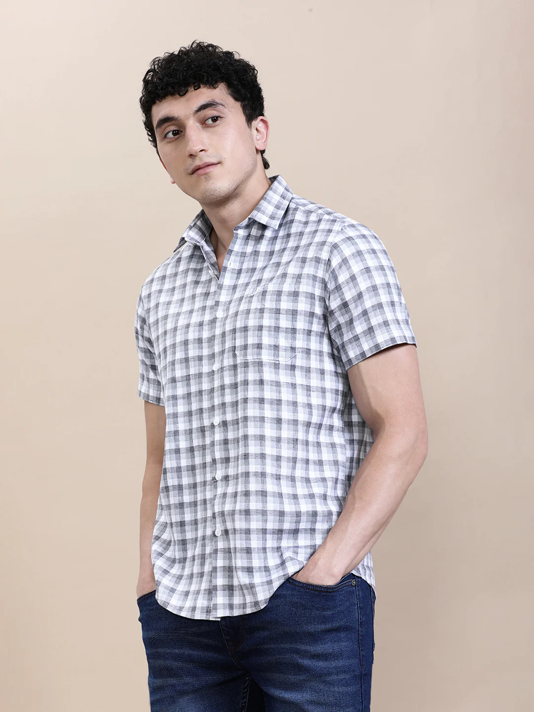 Crisp White Checkered Half Sleeve Shirt