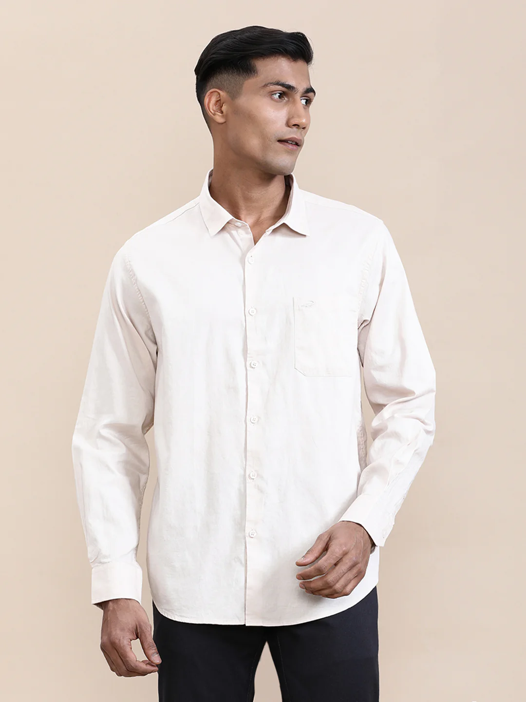 Cream Textured Cotton Full Sleeve Shirt