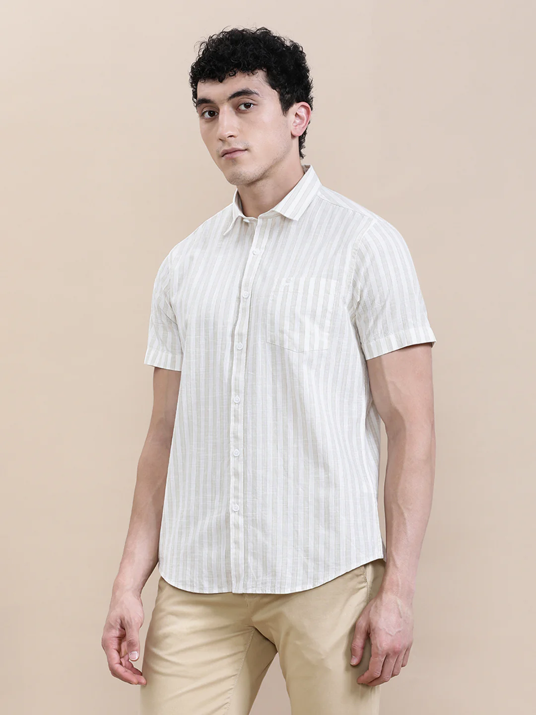 Stripe Textured Comfort Fit Beige Shirt