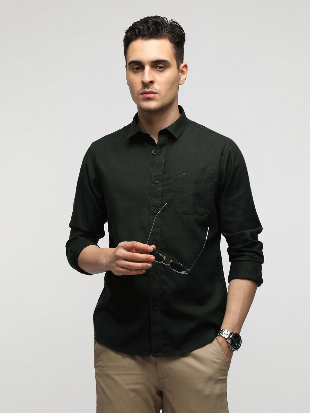 Olive Essential Solid Half Sleeve Shirt