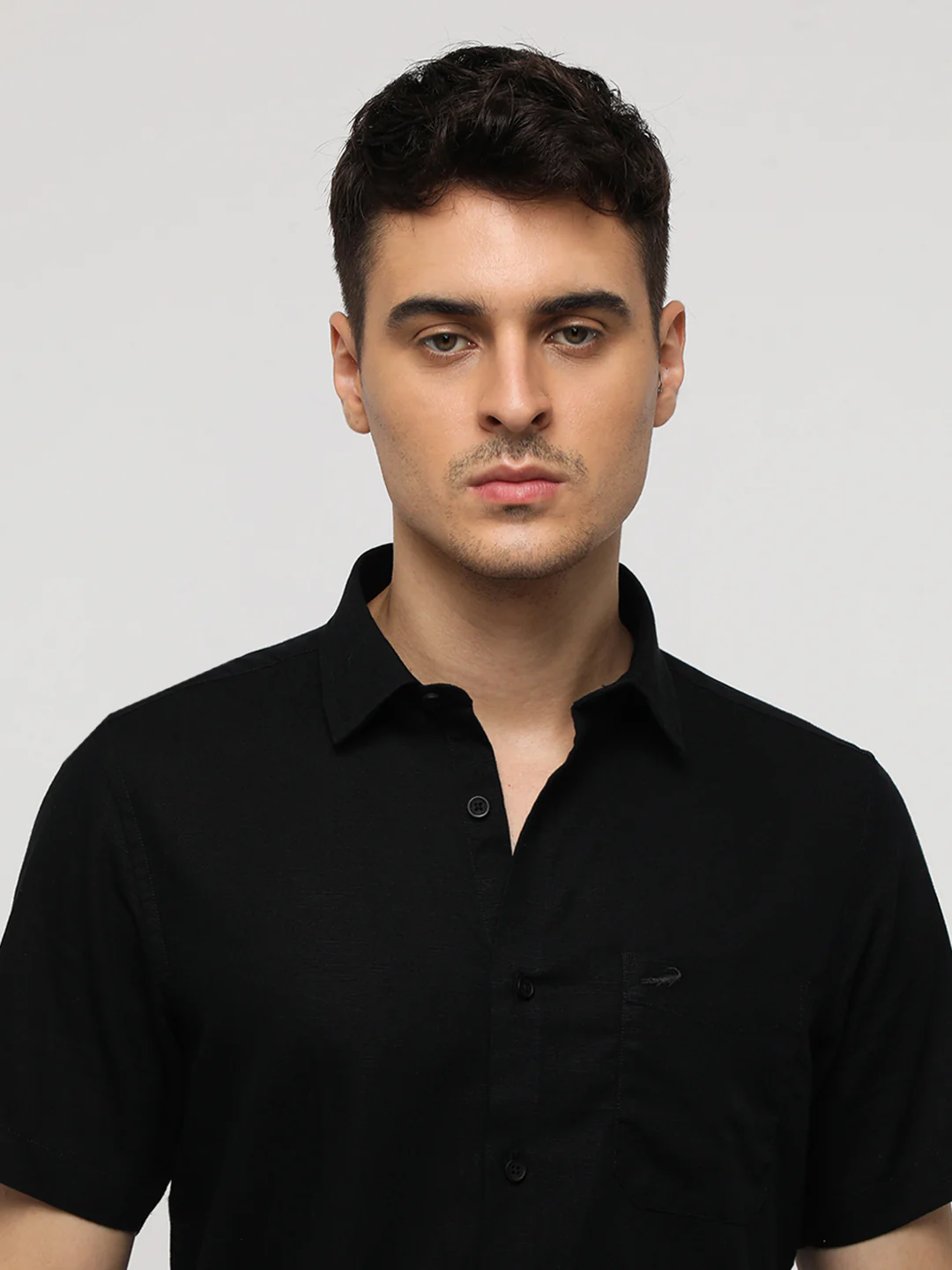 Black Linen Blend Plain Shirt