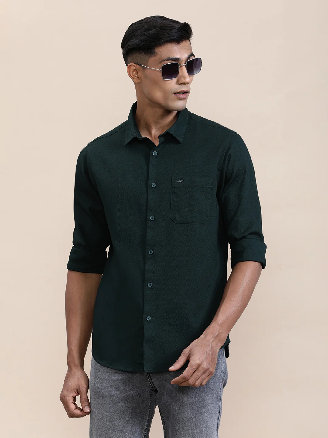 Cotton Textured Full Sleeve Shirt Green