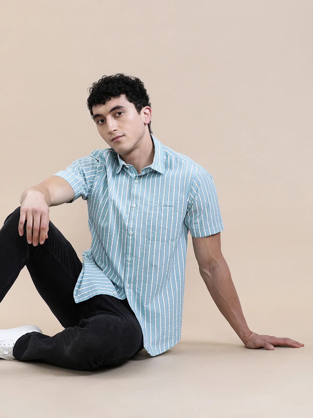 Cotton Seersucker Striped Half Sleeve Shirt Green