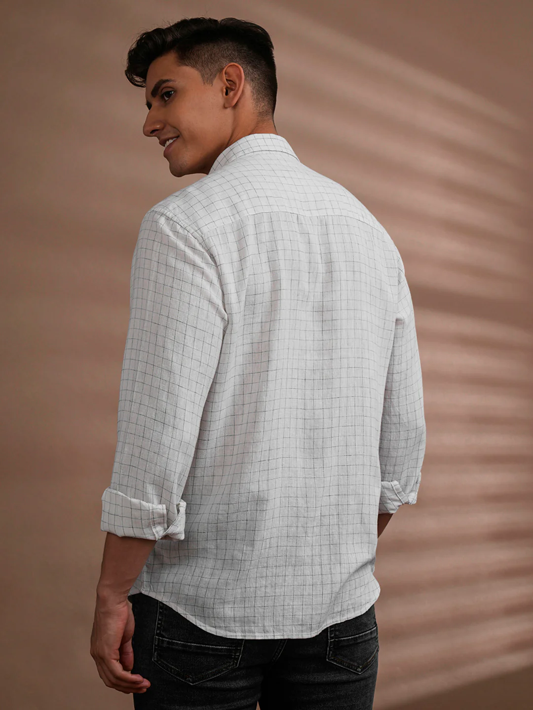 Linen Blend Window Check Shirt White