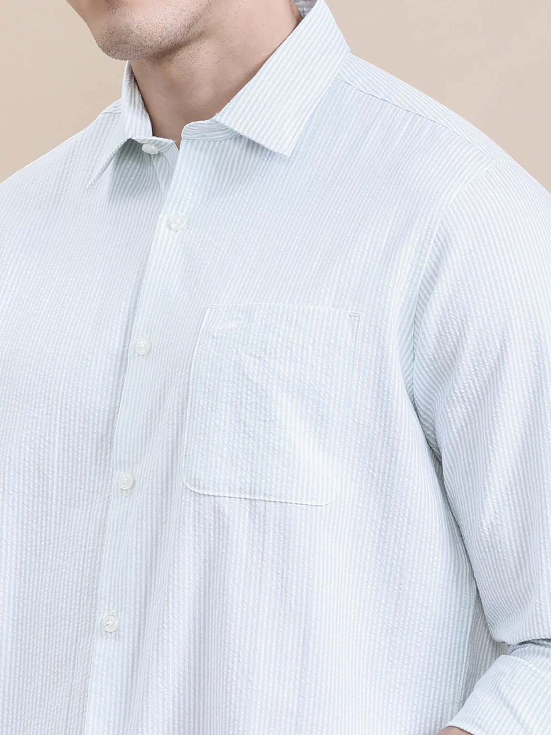 Crinkle Textured Pin Stripe Green Shirt