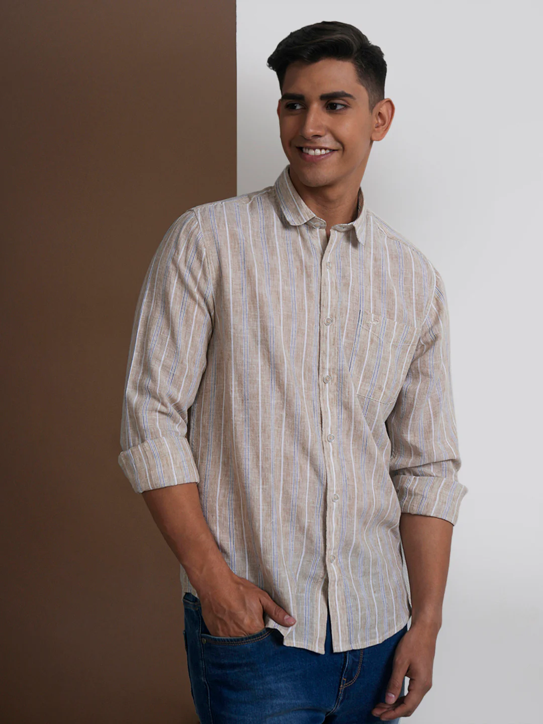 Linen Blend Stripe Shirt Beige