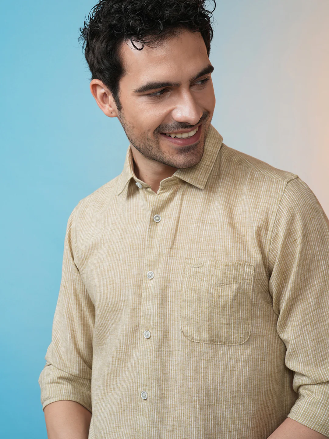 Linen Blend Stripe Shirt Khaki