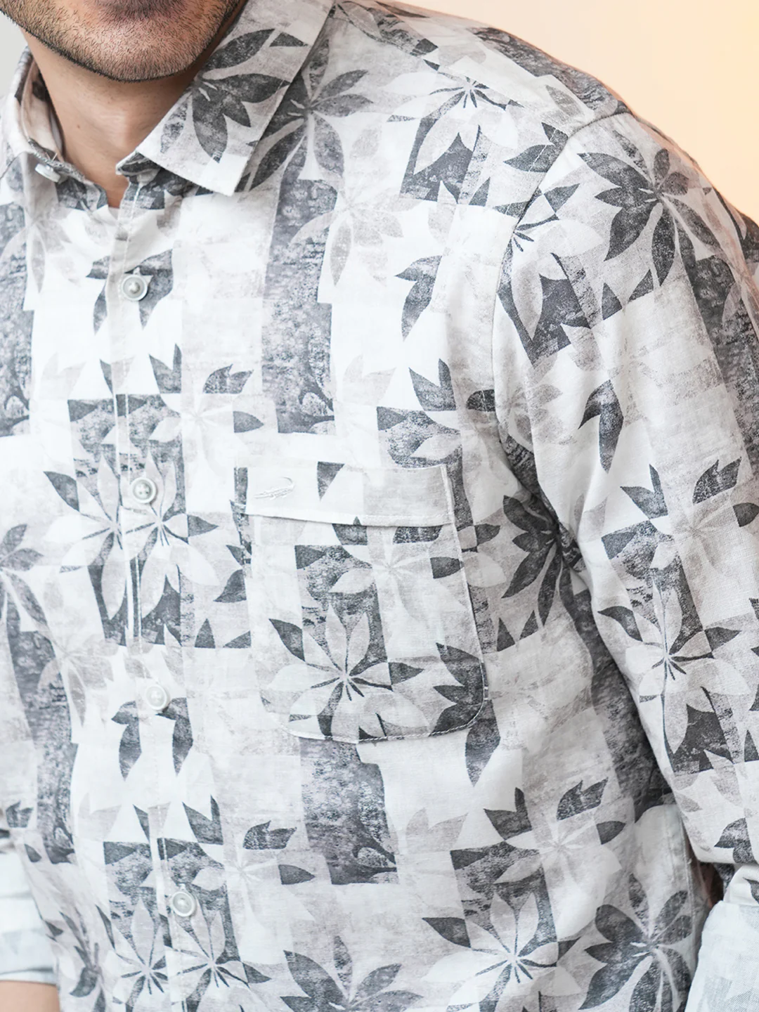 Linen Blend Abstract Leaf Print Shirt Grey
