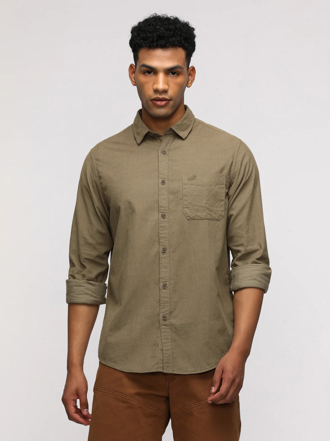 Full Sleeve Sport Khaki Shirt in Corduroy for Casual Elegance