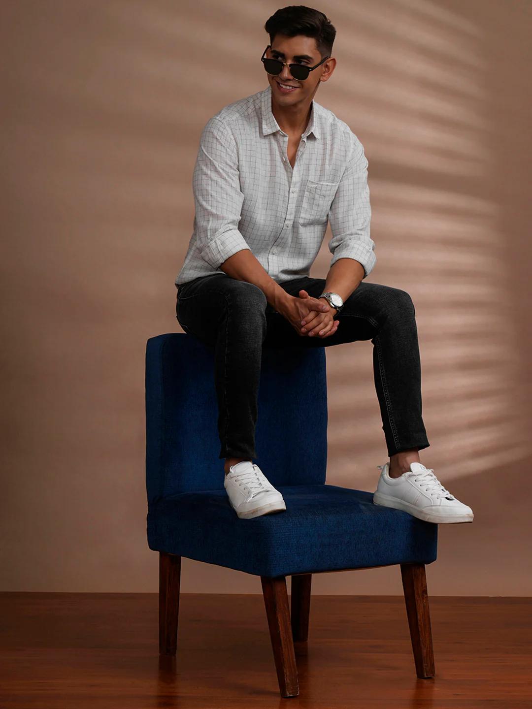 Linen Blend Window Check Shirt White