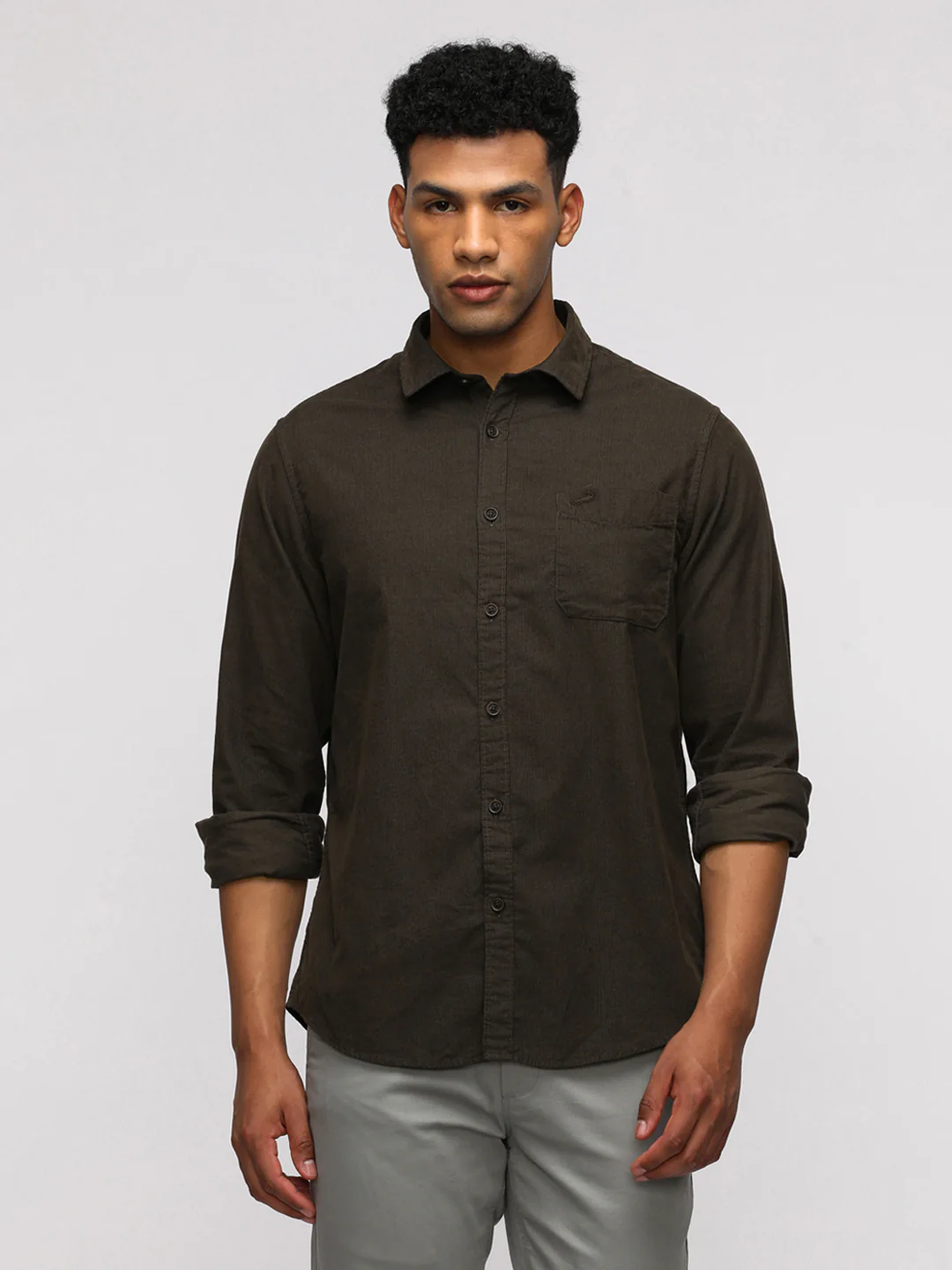 Full Sleeve Sport Olive Shirt in Corduroy for Trendy Style