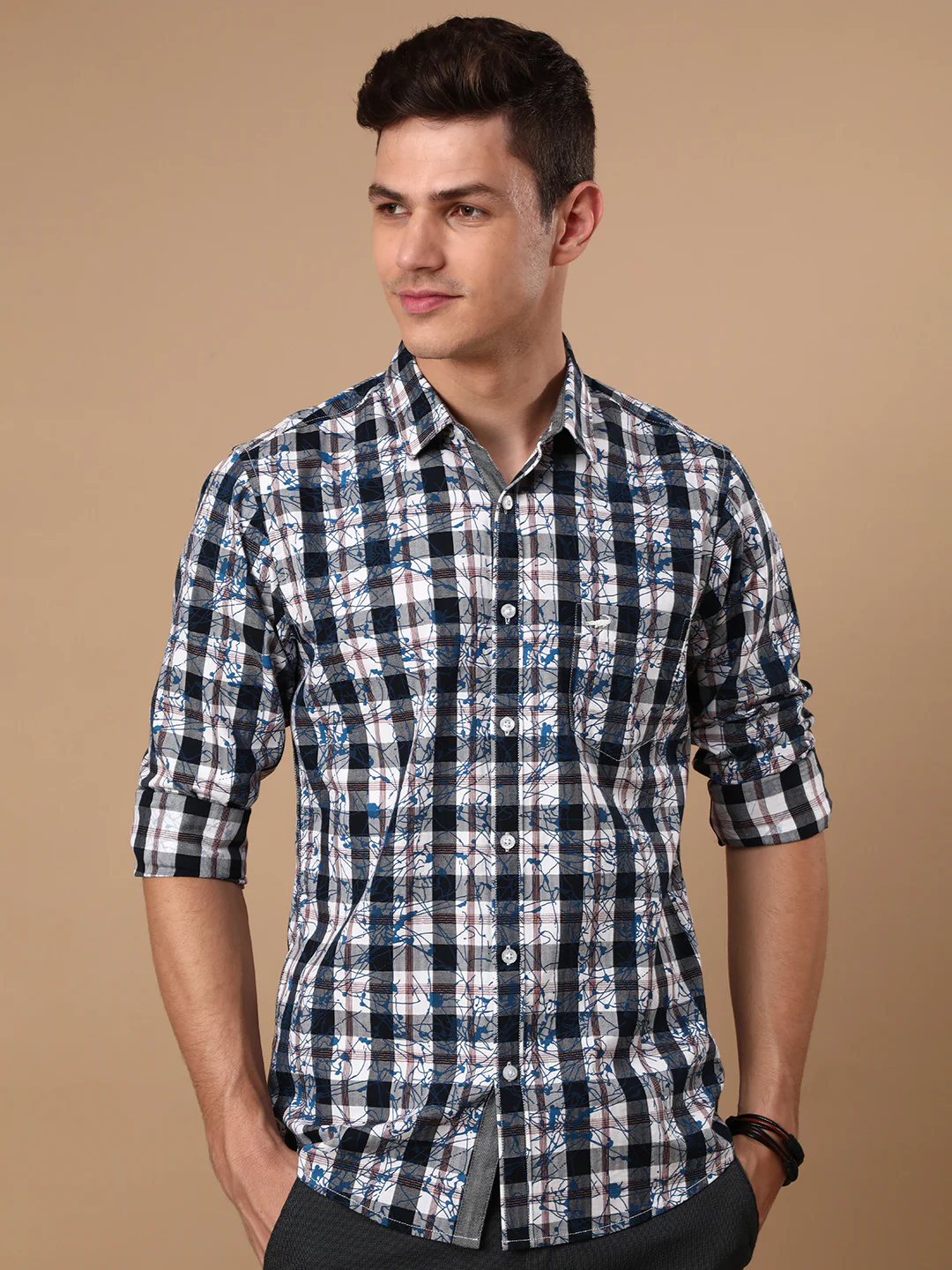 Navy and White Checked Full Sleeve 100% Cotton Shirt