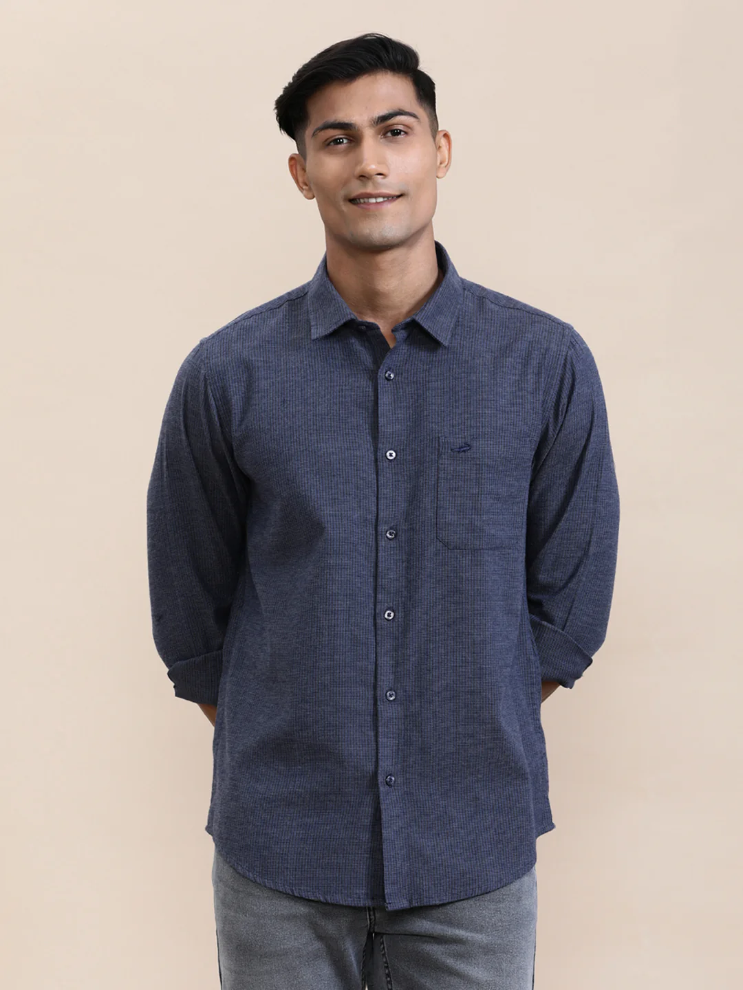 Classic Navy Cotton Micro Design Shirt