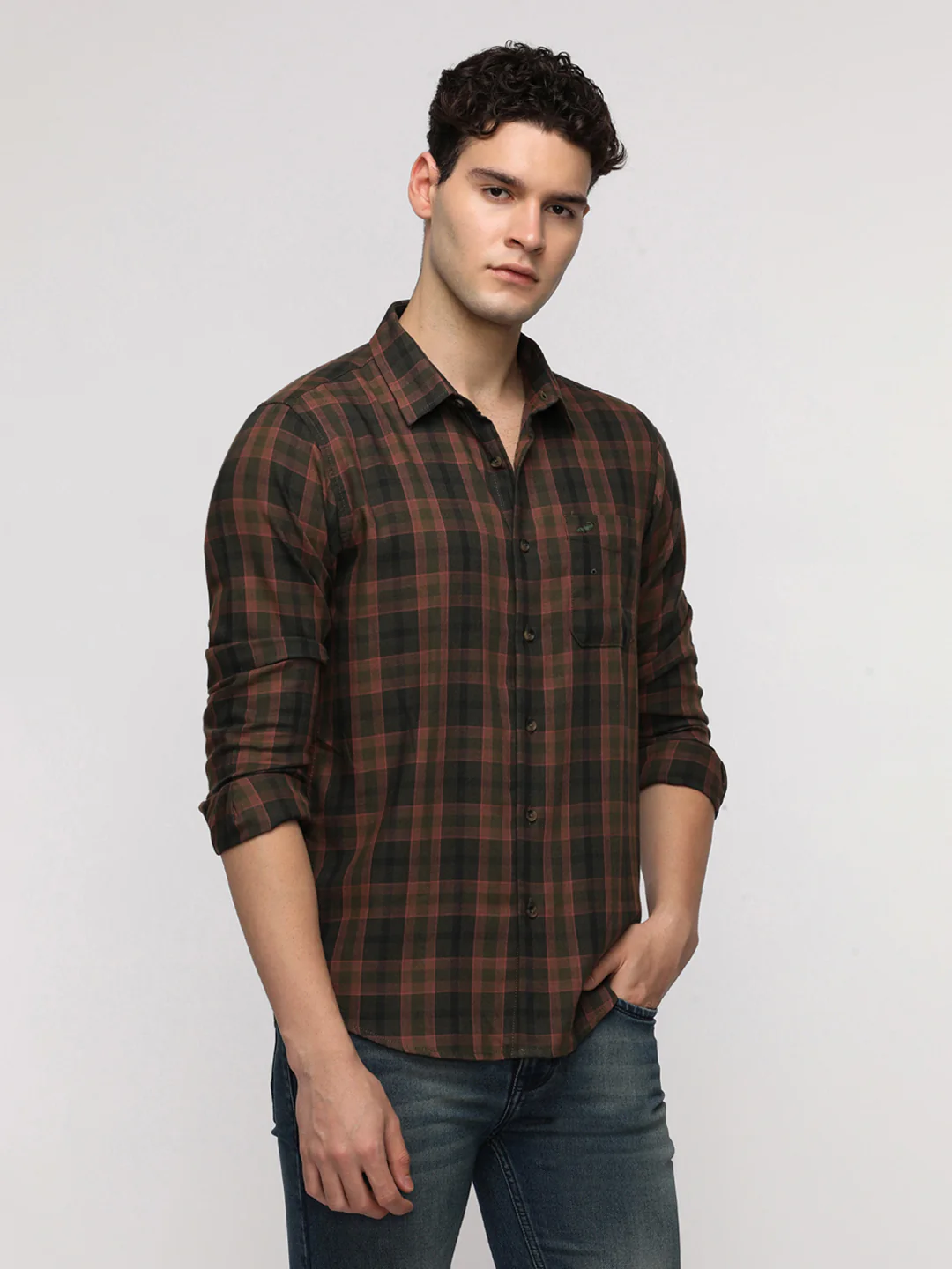 Olive Cotton Blend Checked Shirt