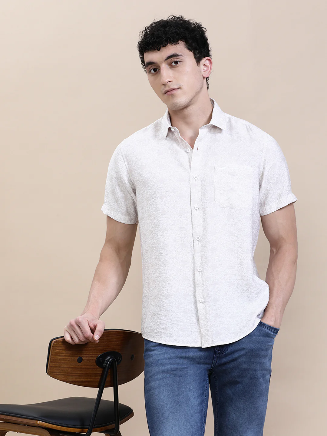 Printed Crinkled Effect Fluid Half Sleeve Shirt Beige