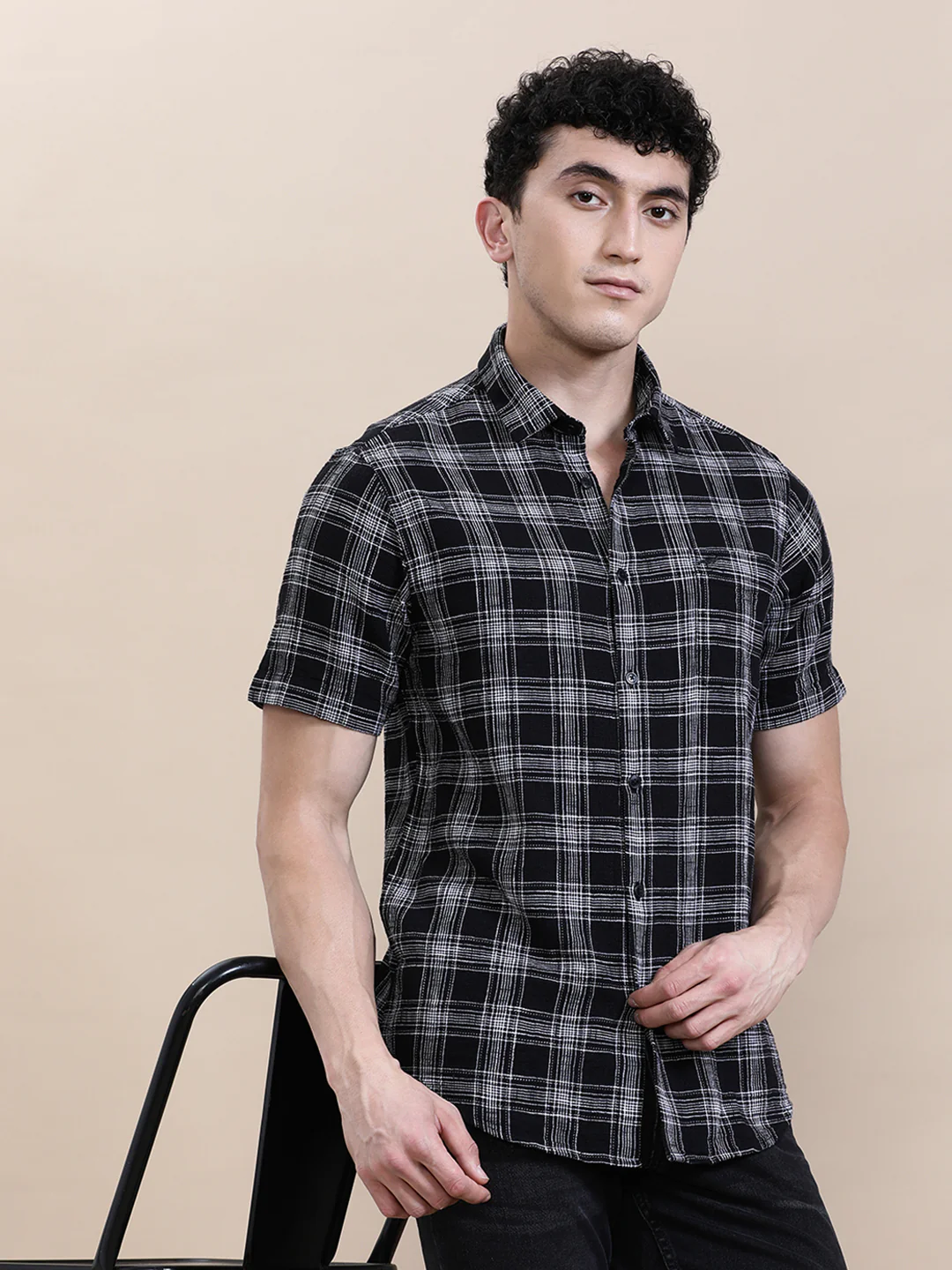 Cotton Textured Checked Half Sleeve Shirt