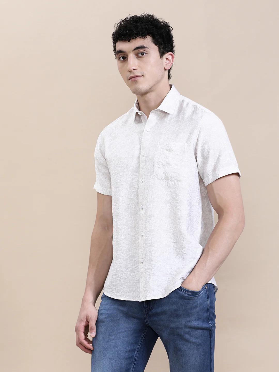 Printed Crinkled Effect Fluid Half Sleeve Shirt Beige
