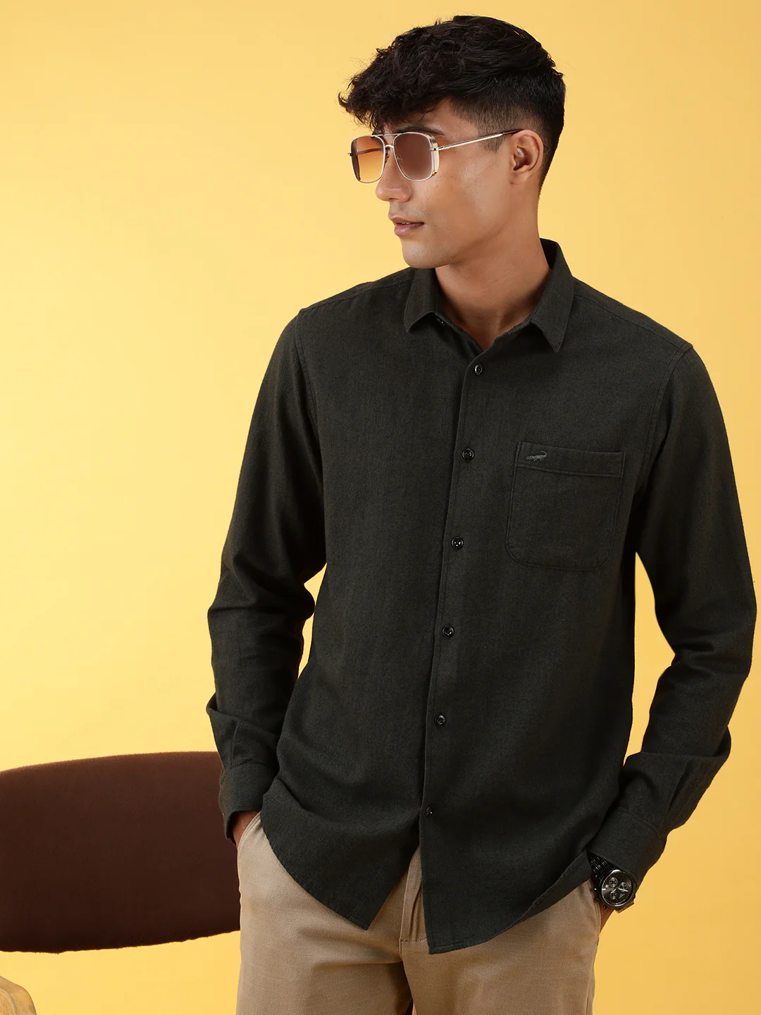 Olive Green Solid Full Sleeve 100% Cotton Casual Shirt