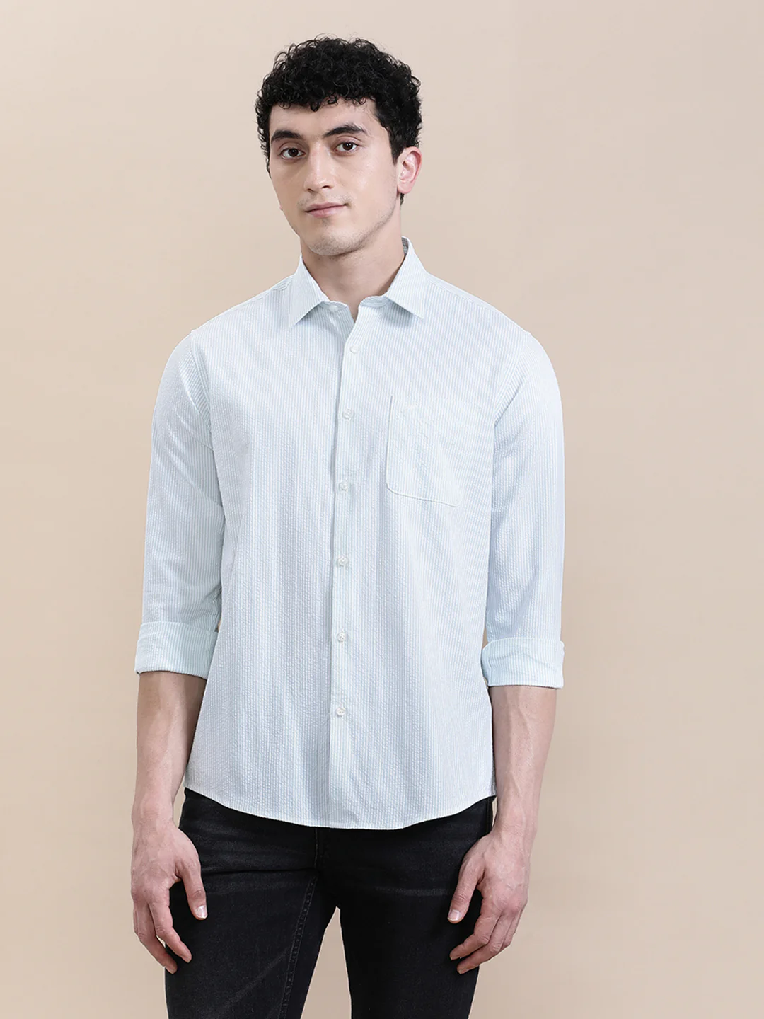 Crinkle Textured Pin Stripe Green Shirt