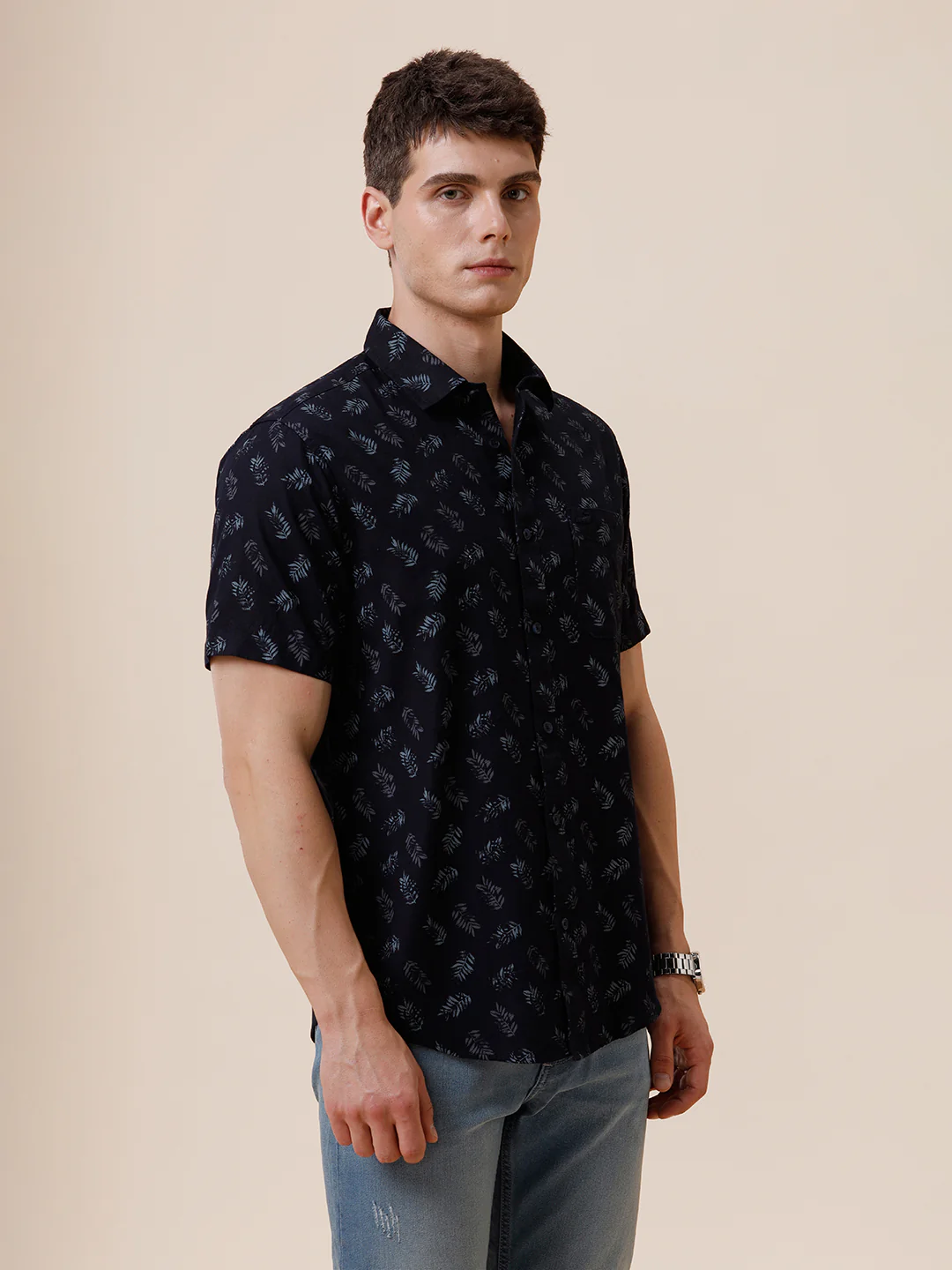 Cotton Linen Textured Printed Navy Shirt