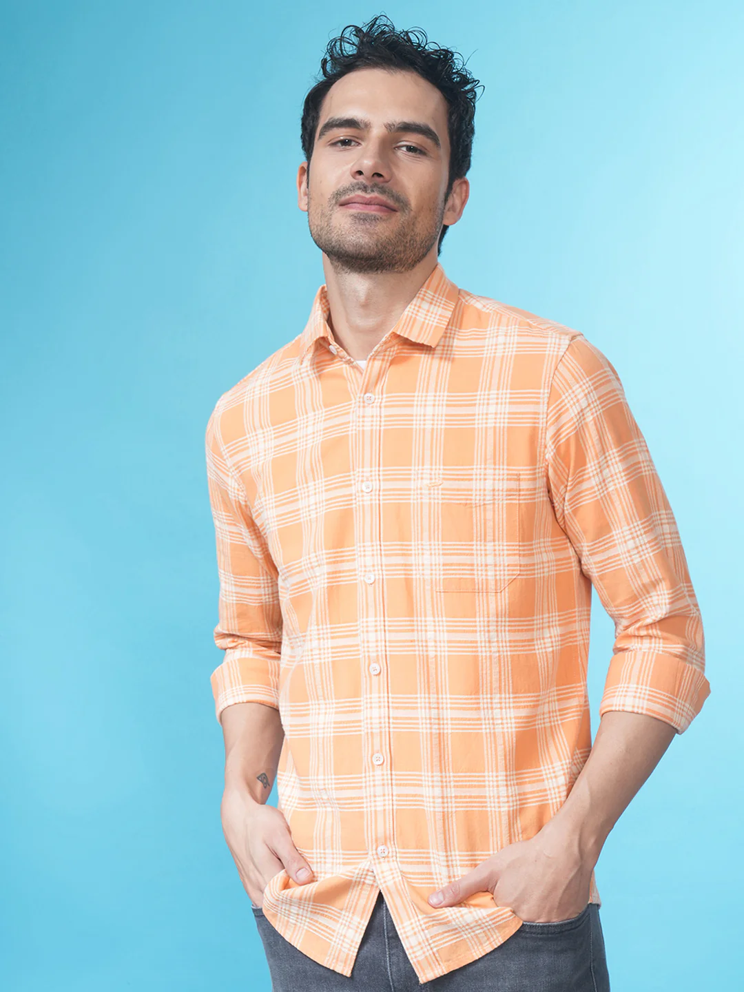 Cotton Textured Check Shirt Orange