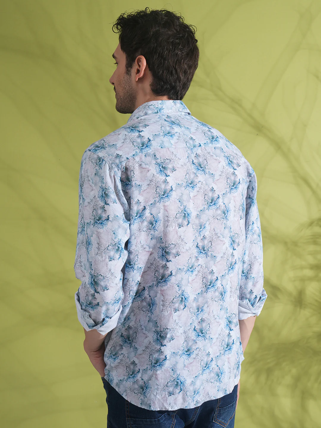 Linen Blend Abstract Dry Leaf Print Shirt Grey