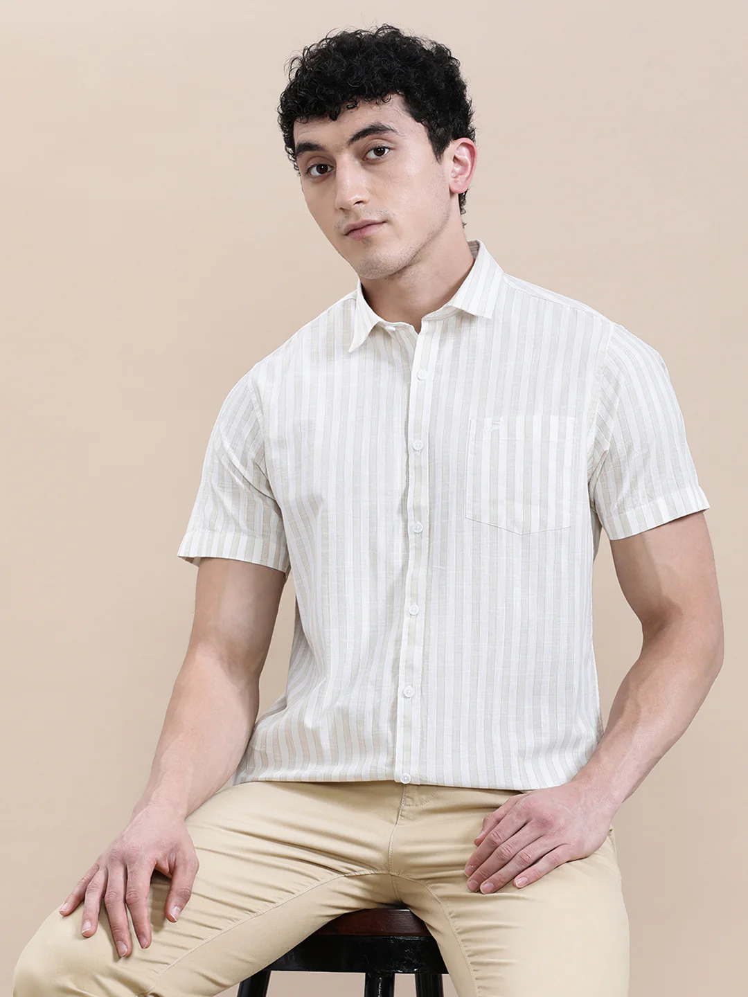 Stripe Textured Comfort Fit Beige Shirt