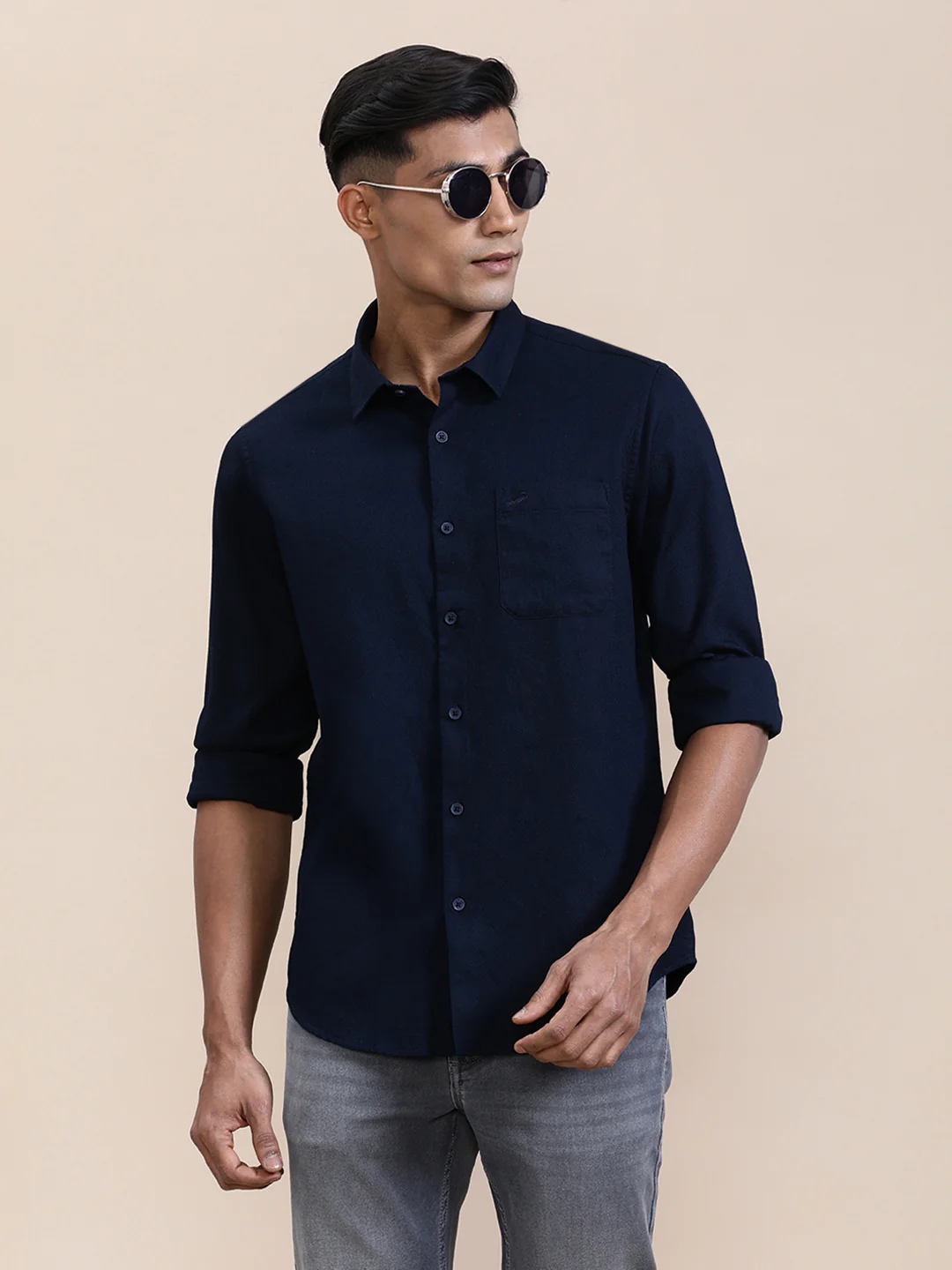 Cotton Textured Full Sleeve Shirt Navy